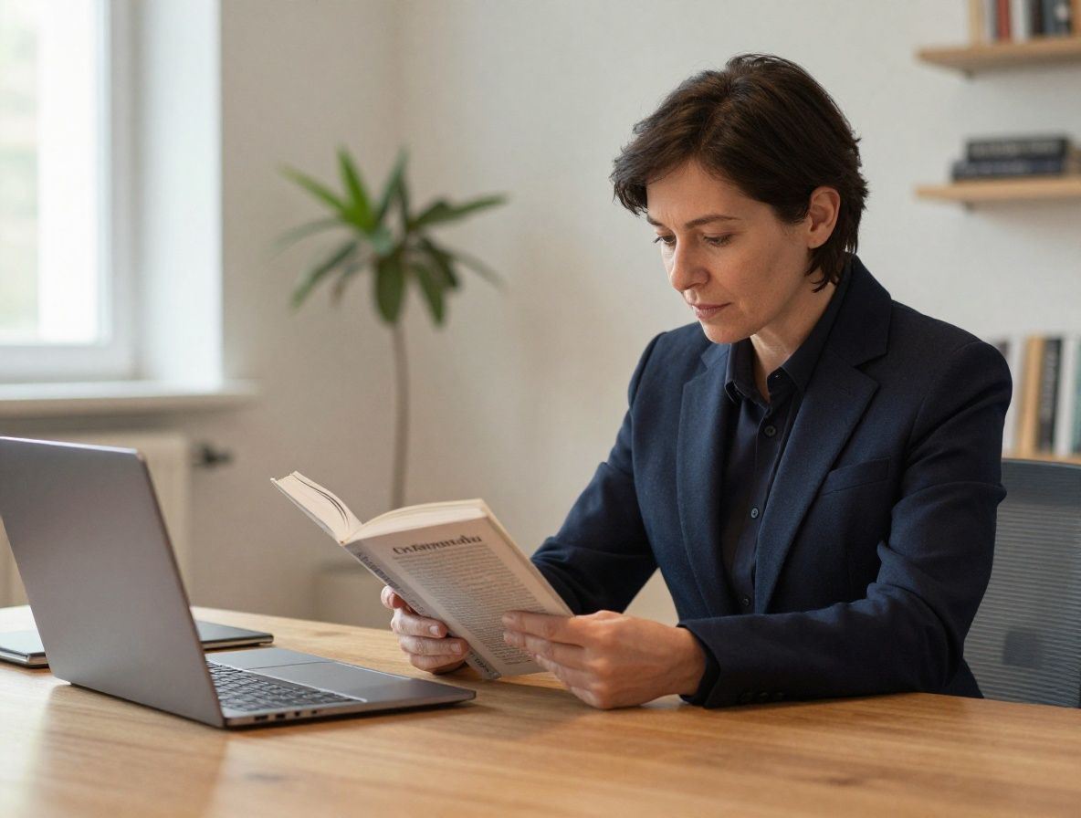 Person sitzt nachdenklich an einem Holztisch in einem hellen ruhigen Raum, liest ein aufgeschlagenes Buch, warmes Morgenlicht fällt durch ein großes Fenster, Atmosphäre von Konzentration und Wissen