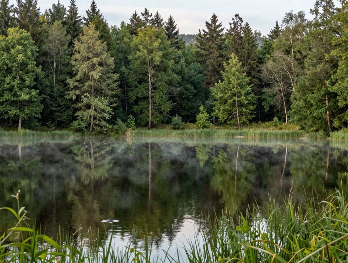 Ruhiger Bergsee in der Morgendämmerung mit spiegelglatter Oberfläche, Nebelschleier über dem Wasser, keine Menschenseele, tiefe Naturstille